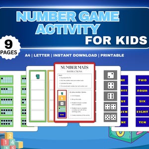 May include: A colorful educational printable game for kids. The image shows several pages with number mats, dice, and number cards. The text on the image says "NUMBER GAME ACTIVITY FOR KIDS" and "9 PAGES". The game is designed for instant download and is printable.