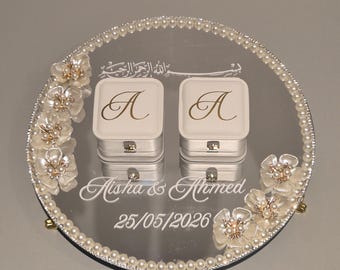 Personalised Nikkah Ring Tray Set, Luxury Mirror Engagement Decor Ring Plate with Stand & Glasses