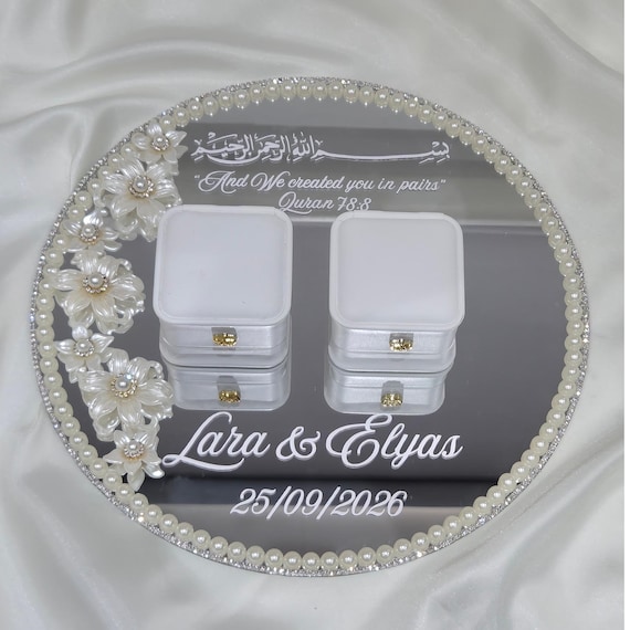 Personalised Pearl Floral Ring Tray | Luxury Nikkah Plate with Ring Boxes | Engagement Decor