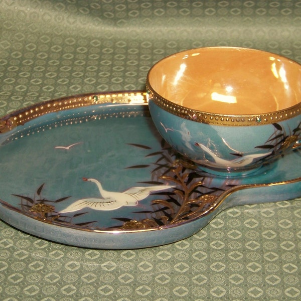 Antique Vintage Oriental Lustre Porcelain / Pottery Serving Tray with Tea Cup - JAPAN