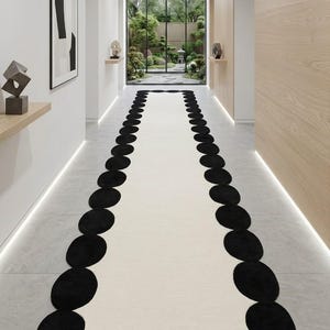 Modern Black & White Scalloped Runner Rug | Luxury Hallway Entryway Carpet | Minimalist Contemporary Floor Mat