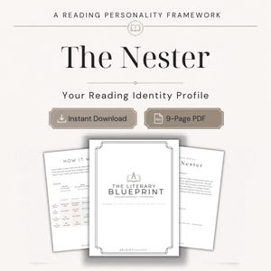 May include: A digital reading personality framework titled The Nester, Your Reading Identity Profile. The document includes a 9-page PDF, an instant download button, and pages featuring The Literary Blueprint with text and grid layouts.