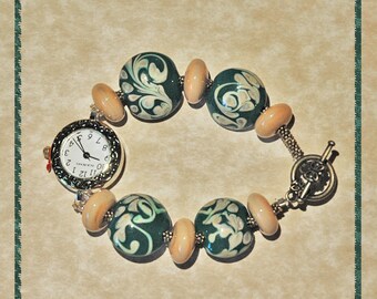 Tan Swirls on Teal Handmade Lampwork Beaded Watch Bracelet