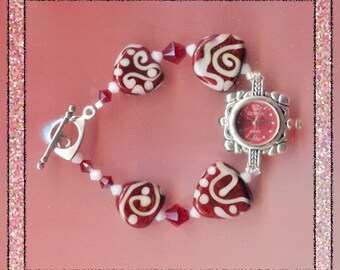 Red & White Swirls Handmade Lampwork Watch Bracelet