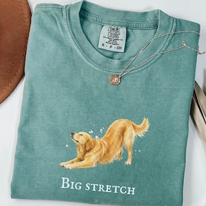 Może przedstawiać: Szałwiowo-zielony t-shirt z krótkim rękawem z grafiką golden retrievera w pozycji rozciągającej się oraz białymi plamami farby. Napis "BIG STRETCH" jest nadrukowany na biało pod psem. Koszulka posiada metkę marki Comfort Colors.