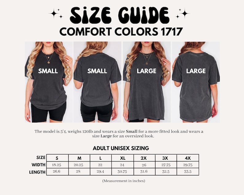 Op de afbeelding: Maattabel voor Comfort Colors 1717 t-shirts. De afbeelding toont modellen die kleine en grote maten dragen. De maattabel geeft afmetingen in inches voor volwassen unisex maten, inclusief breedte en lengte.