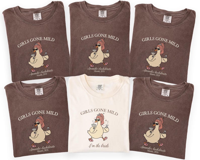 Funny Girls Gone Mild goose bachelorette shirts with personalized bridal party details, perfect for bridesmaids, girls trips, bach weekends and matching wedding party outfits