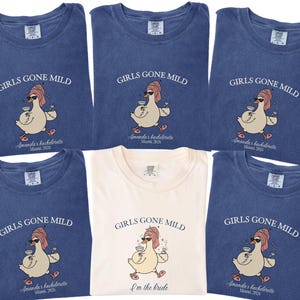 Funny Girls Gone Mild goose bachelorette shirts with personalized bridal party details, perfect for bridesmaids, girls trips, bach weekends and matching wedding party outfits