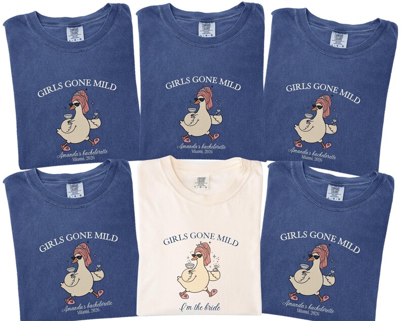 Funny Girls Gone Mild goose bachelorette shirts with personalized bridal party details, perfect for bridesmaids, girls trips, bach weekends and matching wedding party outfits