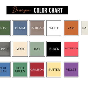 Op de afbeelding: Een kleurenkaart met een zwarte koptekst met de tekst "Design COLOR CHART". De kaart toont 15 kleurstalen, elk gelabeld met een kleurnaam. Kleuren zijn onder meer Moss, Denim, Espresso, White, Yam, Natural, Pepper, Ivory, Bay, Black, Watermelon, Blue Jean, Light Green, Crimson, Butter en Violet.
