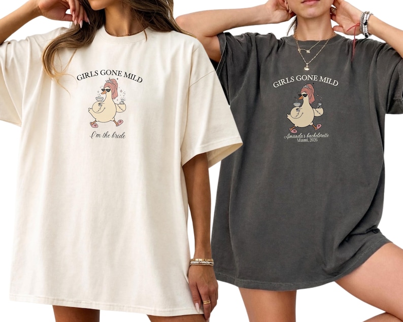 Funny Girls Gone Mild goose bachelorette shirts with personalized bridal party details, perfect for bridesmaids, girls trips, bach weekends and matching wedding party outfits