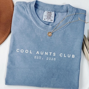 Minimalist Cool Aunts Club Est 2026 Comfort Colors shirt in dark neutral tone, modern aunt pregnancy announcement tee, trendy new aunt gift with clean typography aesthetic