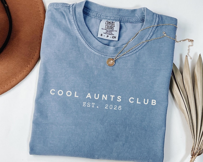 Minimalist Cool Aunts Club Est 2026 Comfort Colors shirt in dark neutral tone, modern aunt pregnancy announcement tee, trendy new aunt gift with clean typography aesthetic