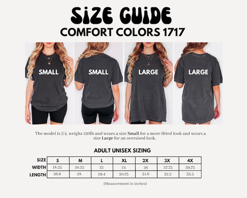 Op de afbeelding: Maattabel voor Comfort Colors 1717 t-shirts. De afbeelding toont modellen die kleine en grote shirts dragen. De maattabel geeft afmetingen in inches, wat overeenkomt met breedtes van 46,35 cm tot 75,57 cm en lengtes van 67,56 cm tot 85,09 cm.
