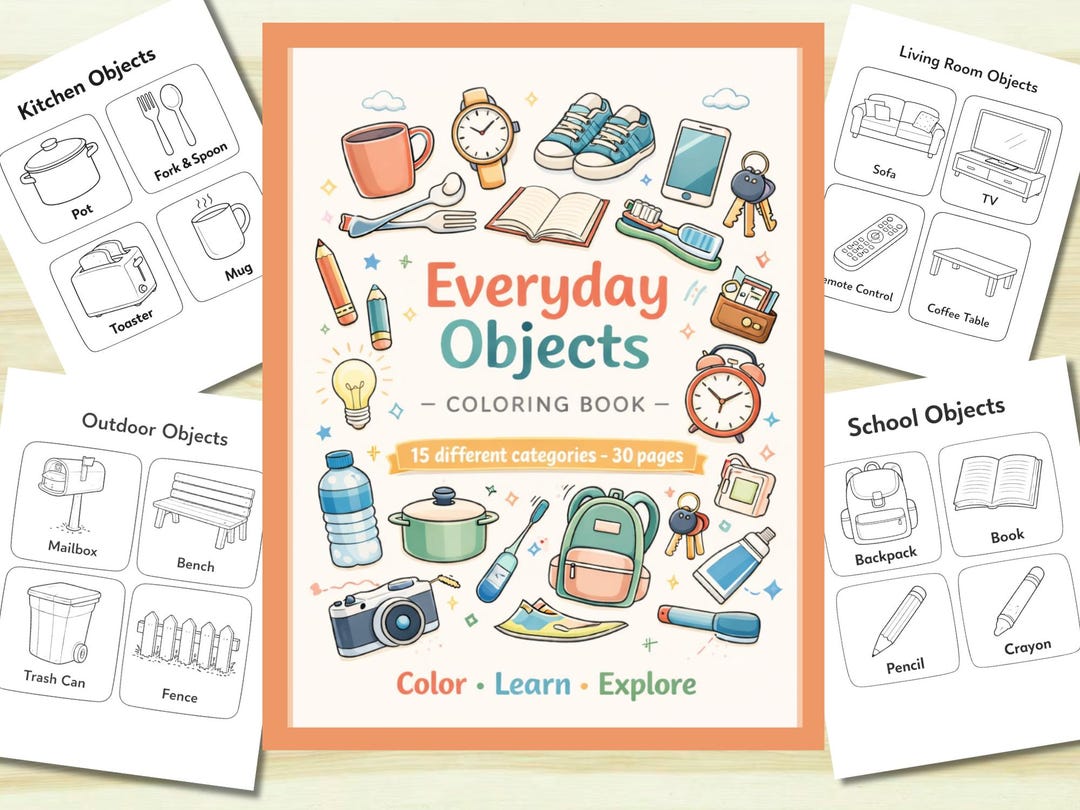 Everyday Objects Coloring Book | 30 Pages | Kids Learning Worksheets ...