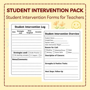 Op de afbeelding: Een Student Intervention Pack met formulieren voor leerkrachten. De formulieren bevatten een Student Intervention Log en een Student Intervention Overview. Het logboek bevat secties voor datum, gebruikte strategieën, doelgebied en duur. De overzicht bevat secties voor studentnaam, klas en reden van oproep.