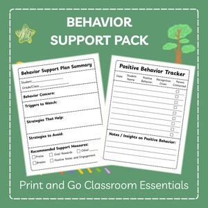 Puede incluir: Fondo verde con el texto "BEHAVIOR SUPPORT PACK". Dos hojas blancas muestran los formularios "Behavior Support Plan Summary" y "Positive Behavior Tracker". El texto "Print and Go Classroom Essentials" está en la parte inferior.