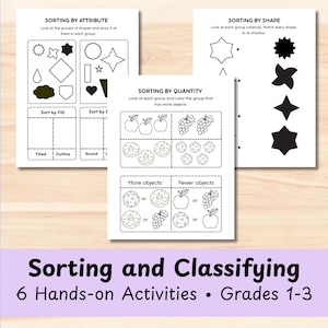 May include: Educational worksheets for sorting and classifying shapes, attributes, and quantities. Includes activities for grades 1-3. Features shapes, fruits, and donuts. The text reads: "Sorting and Classifying 6 Hands-on Activities • Grades 1-3."