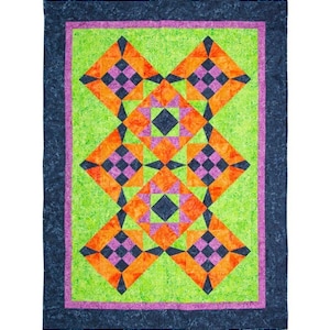 May include: A colourful quilt with a geometric pattern. The quilt features a vibrant green centre with orange, purple, and navy blue diamond shapes. A navy blue border frames the design, with a thin purple border inside.
