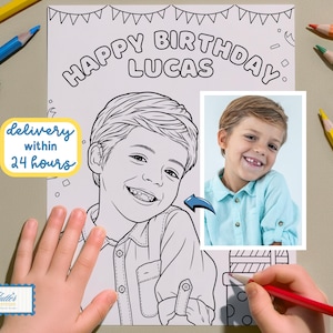 May include: A personalized coloring page featuring a line art illustration of a young boy with the text HAPPY BIRTHDAY LUCAS at the top. The page includes a small inset color photograph of the same boy and is surrounded by colored pencils.