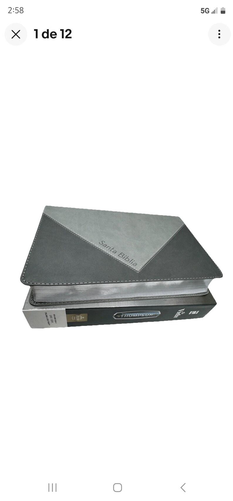 K&ouml;nnte beinhalten: Ein geschlossenes Buch mit grauem und schwarzem Einband. Der obere Einband ist grau mit einem schwarzen Dreieckmuster. Der Text "Santa Biblia" ist auf dem Einband aufgedruckt. Das Buch darunter tr&auml;gt den Text "THOMPSON" auf dem Buchr&uuml;cken.