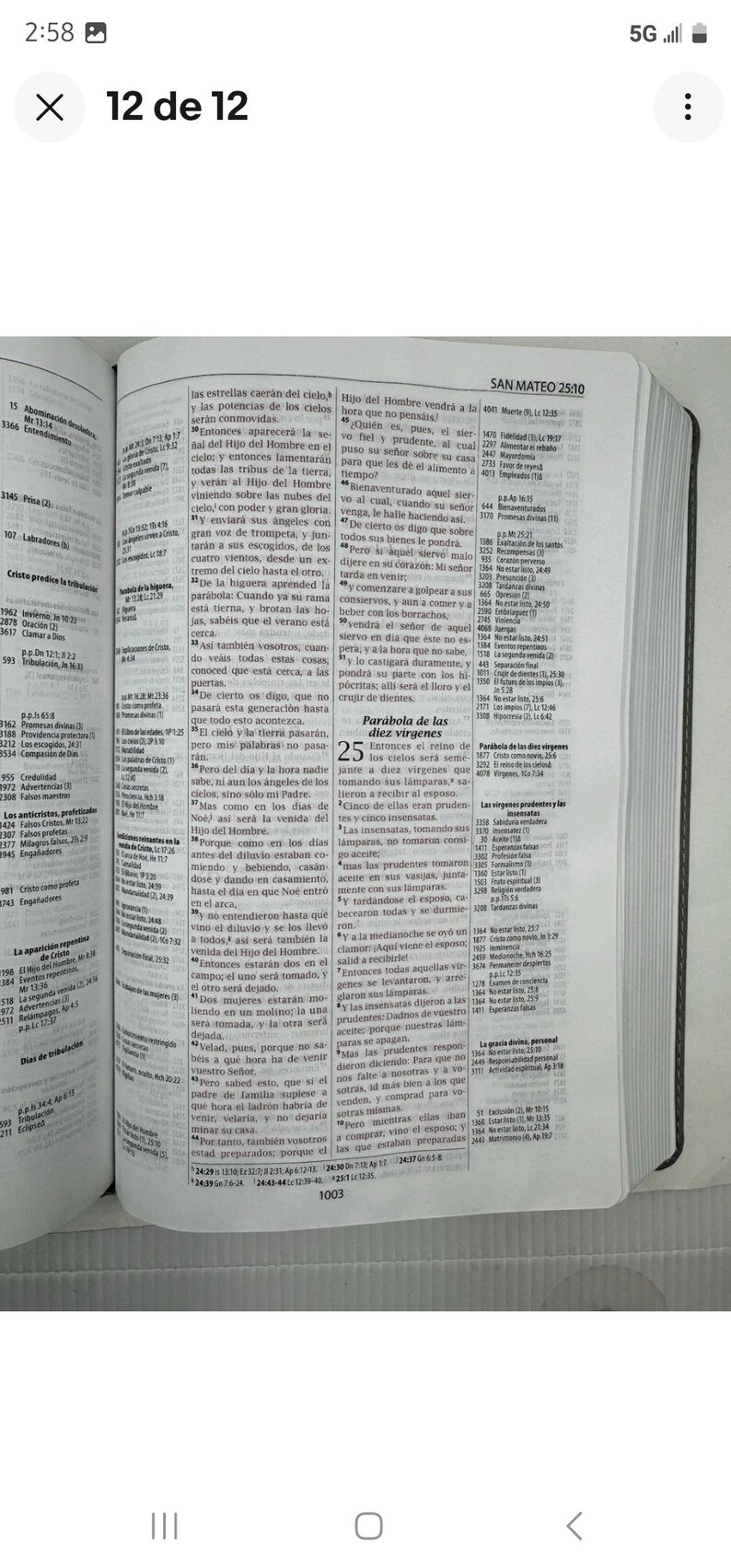 K&ouml;nnte beinhalten: Offenes Buch mit spanischem Text, das die Parabel von den zehn Jungfrauen zeigt. Die Seite ist mit einem Lesezeichen markiert. Der Text ist in schwarzer Schrift.