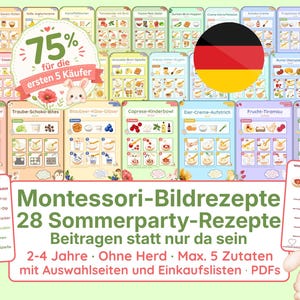 May include: A collection of colorful Montessori recipe cards for children, featuring illustrated steps for various summer party recipes. The cards include text in German, a discount banner, and a German flag graphic.