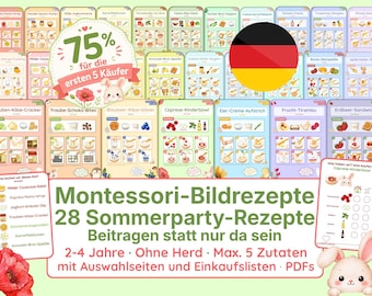 Montessori Picture Recipes for Kids | 28 Summer Party Recipes | Finger Food for Children's Birthday Parties, Buffets, and Picnics | No Stove Required | Template PDF (German)