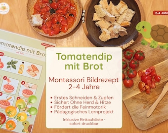 Picture recipe: Tomato dip with bread - Montessori, ages 2 and up - Fine motor skills, learning to cut and pull - Materials for daycare and children's cooking classes