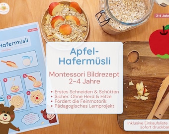 Montessori Picture Recipe for Kids' Apple and Oat Snack | Healthy Snack | Cooking Without a Stove | Digital Download PDF | DanielaKidsKitchen