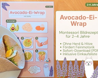 Montessori Picture Recipe Avocado Wrap – Promotes Fine Motor Skills & Action Planning – Recipes for Children 2-4 Years - Digital Download PDF