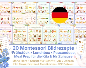 Montessori-recepten met afbeeldingen voor kinderen (Duits) | Visuele ontbijt- en lunchrecepten | Maaltijdvoorbereiding voor de lunchbox | Kinderopvang & Thuis | PDF-sjabloon