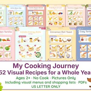 Pode incluir: Uma coleção de 52 cartões de receitas visuais intitulados My Cooking Journey, com ilustrações coloridas de ingredientes e instruções passo a passo para crianças. Inclui menus e listas de compras.