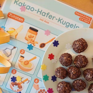 Picture recipe for children 2-4 years – no-bake cocoa oat balls – learn to cook independently – snack recipe PDF – for cooking classes and daycare