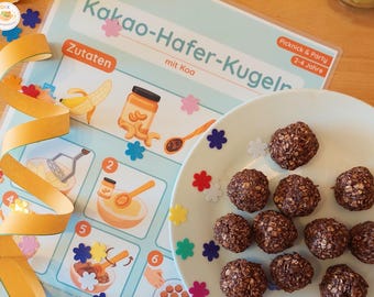 Picture recipe for children 2-4 years – no-bake cocoa oat balls – learn to cook independently – snack recipe PDF – for cooking classes and daycare
