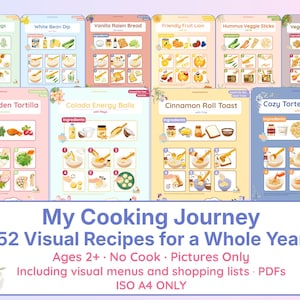 Może przedstawiać: Kolekcja 52 wizualnych kart z przepisami pod tytułem My Cooking Journey, zawierająca kolorowe ilustracje składników i instrukcje krok po kroku dla posiłków bez gotowania, menu, listy zakupów oraz grafikę białego misia.