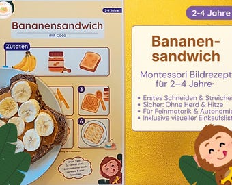Montessori Picture Recipe Banana Sandwich for Kids | Learning to Cut & Spread | Cooking without a Stove | Digital Download PDF | DanielaKidsKitchen