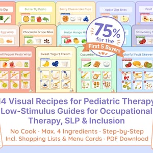 Op de afbeelding: Afbeelding met 14 visuele recepten voor kindertherapie, met kleurrijke illustraties en stapsgewijze instructies. Recepten zijn onder meer yoghurt-kruidendip, vlinderpasta en fruittiramisu. Een promotiebanner is ook inbegrepen.
