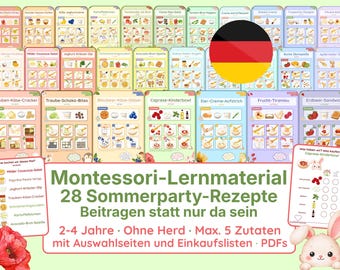 Montessori-recepten met afbeeldingen voor kinderen | 28 zomerse feestrecepten | Hapjes voor kinderfeestjes, buffetten en picknicks | Geen fornuis nodig | Sjabloon PDF (Duits)
