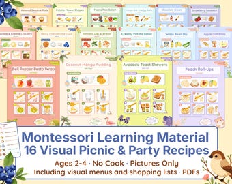 Montessori-recepten met afbeeldingen voor picknicks en feestjes (2-4 jaar) | 16 recepten voor kinderverjaardagen en de kinderopvang | Bevordert zelfstandigheid | Koken is niet nodig | PDF