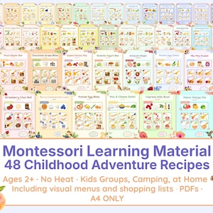 モンテッソーリ式レシピ48選（A4判、英語）｜子どもの冒険｜コンロ不要｜子どもの誕生日パーティー、ホリデーキャンプ、キャンプ、自宅で｜PDF