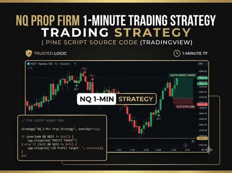 May include: A digital graphic for an NQ Prop Firm 1-Minute Trading Strategy featuring Pine Script source code for TradingView. The image displays a candlestick chart with buy and sell signals, a profit target, and a stop loss box on a dark background.