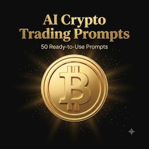 May include: A digital graphic featuring the gold text AI Crypto Trading Prompts and 50 Ready-to-Use Prompts above a large, centered, metallic gold Bitcoin symbol. The design is set against a dark black background with subtle light rays.
