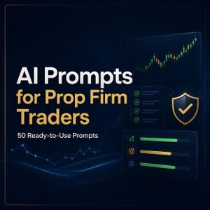 May include: A digital graphic with a dark blue background featuring the white and gold text AI Prompts for Prop Firm Traders and 50 Ready-to-Use Prompts. The design includes a stock market candlestick chart, a shield icon, and progress bars.