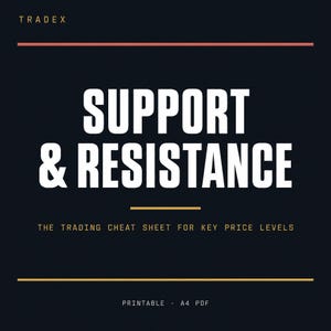 May include: A dark navy blue digital document titled SUPPORT & RESISTANCE with the subtitle THE TRADING CHEAT SHEET FOR KEY PRICE LEVELS. The top features the text TRADEX, and the bottom indicates it is a PRINTABLE A4 PDF file.
