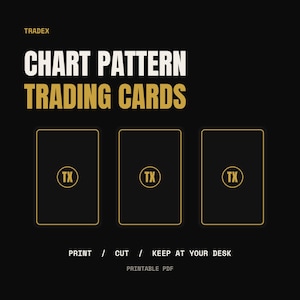 Pode incluir: Um gráfico preto com o texto TRADEX CHART PATTERN TRADING CARDS em branco e dourado. Abaixo, três contornos de cartões retangulares com bordas douradas e um logotipo TX central. O texto inferior diz PRINT / CUT / KEEP AT YOUR DESK PRINTABLE PDF.