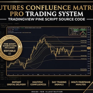 以下が含まれることがあります： Futures Confluence Matrix Pro Trading Systemのデジタルグラフィック。黒い背景に金色の文字、株式市場のローソク足チャート、およびFull Pine Script Source Code Includedと書かれた金色の円形バッジが特徴です。