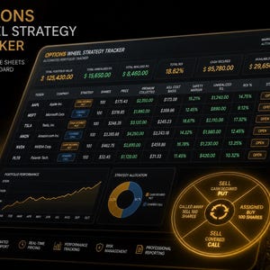 May include: A digital Options Wheel Strategy Tracker dashboard for Google Sheets with a dark theme. The interface displays financial data, including portfolio value, realised P/L, and ROI. It features a table of stock tickers, a performance line graph, a strategy allocation pie chart, and a glowing circular diagram illustrating the wheel strategy process.