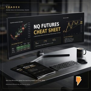Puede incluir: Un monitor de computadora ancho muestra una hoja de referencia NQ Futures con gráficos financieros, una matriz de riesgo y texto. En el escritorio hay dos hojas impresas, un teclado negro, un ratón y una taza negra con el logotipo de Tradex.