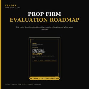 Könnte beinhalten: Ein schwarzes digitales Dokument mit dem Titel Prop Firm Evaluation Roadmap von Tradex Prop Desk Series. Es enthält goldenen Text, Risikoberechnungen, Drawdown-Tracking, tägliche Checklisten und einen vierwöchigen Fahrplan auf 10 Seiten.